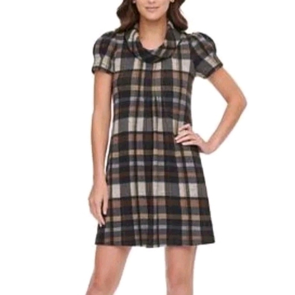 Jessica Howard JH Plaid Pleated Cowl Neck Sweater Dress Sz Petite Medium Holiday